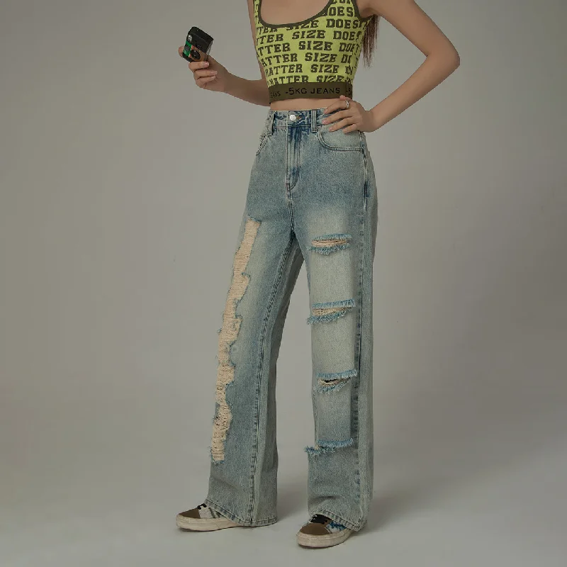 Soft Relaxation Wear Cotton Distressed Denim Straight Leg Jeans