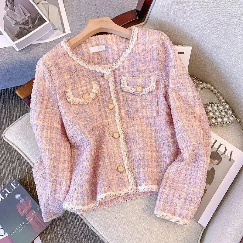 Floral Prints Pink Plaid Tweed Jacket