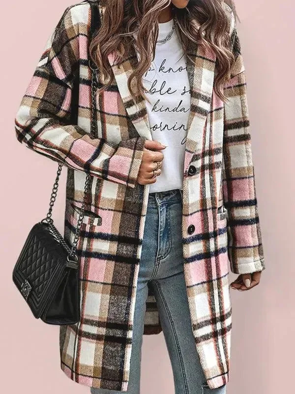 New Products Winter Women Lapel Plaid Wool Overcoat