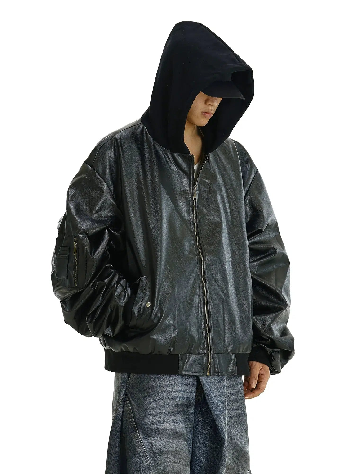 Quality Tailoring Hooded Faux Leather Bomber Jacket