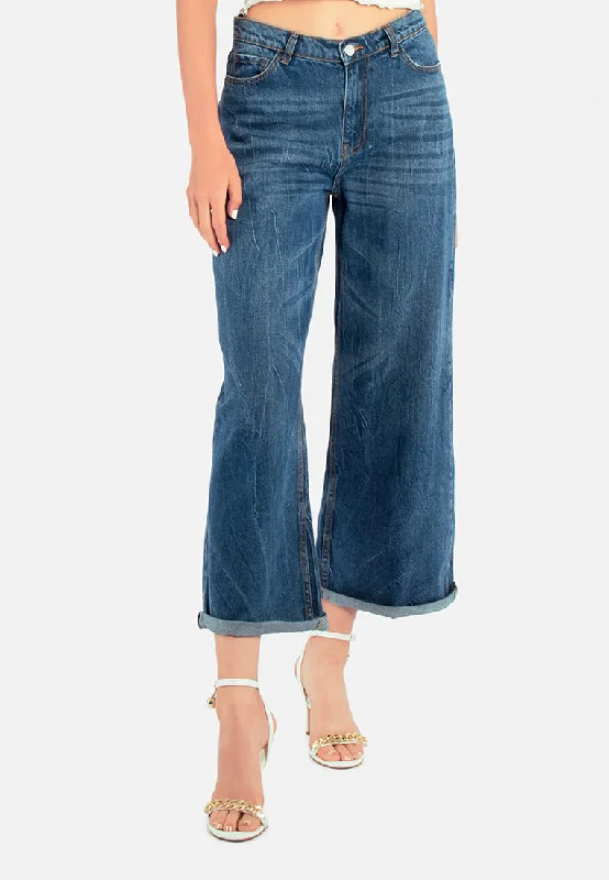 Warm Chic Washed Denim Wide Leg Jeans Pants