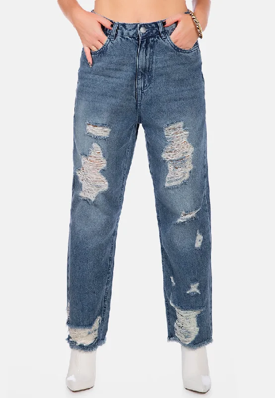 Casual Comfort Wear Washed Distressed Straight Denim Pants