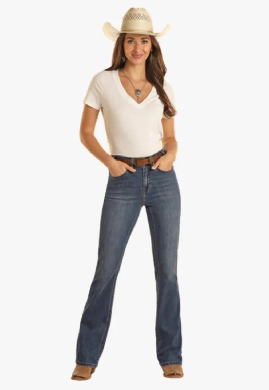 Elegant Casuals Rock & Roll Womens Small V Emb High Rise Boot Cut Jean