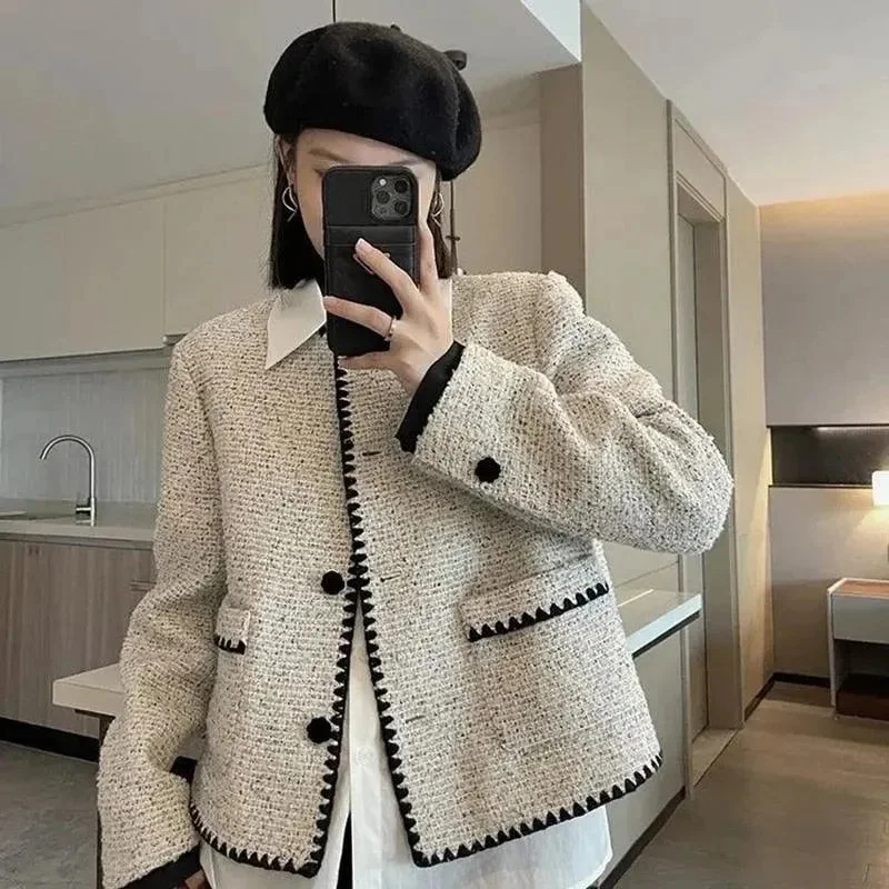 Comfortable Wear Light Grey Cropped Tweed Jackets Women
