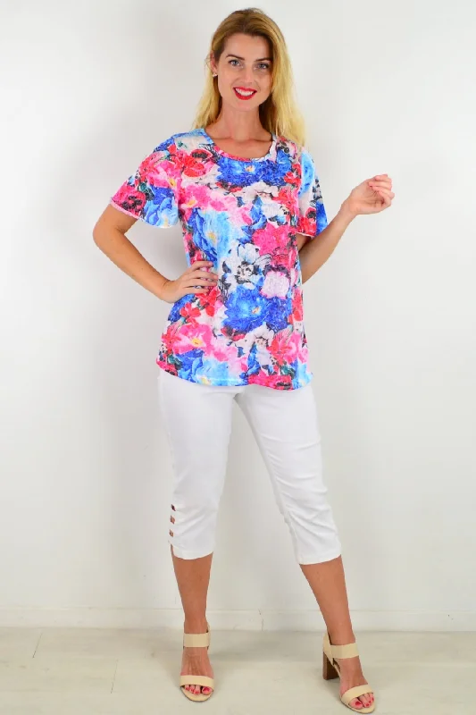 Slightly Flared Design Pansy Floral Tunic Tee
