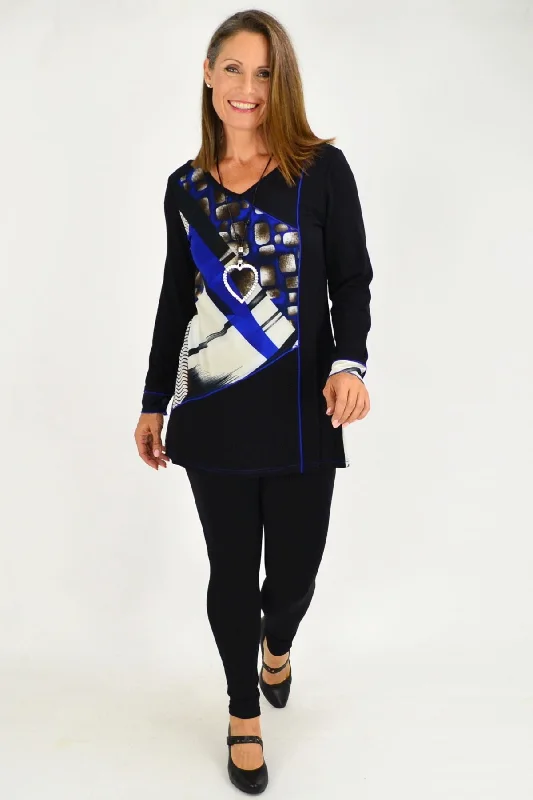 Quality Tailoring Black Blue Pattern Tunic Top