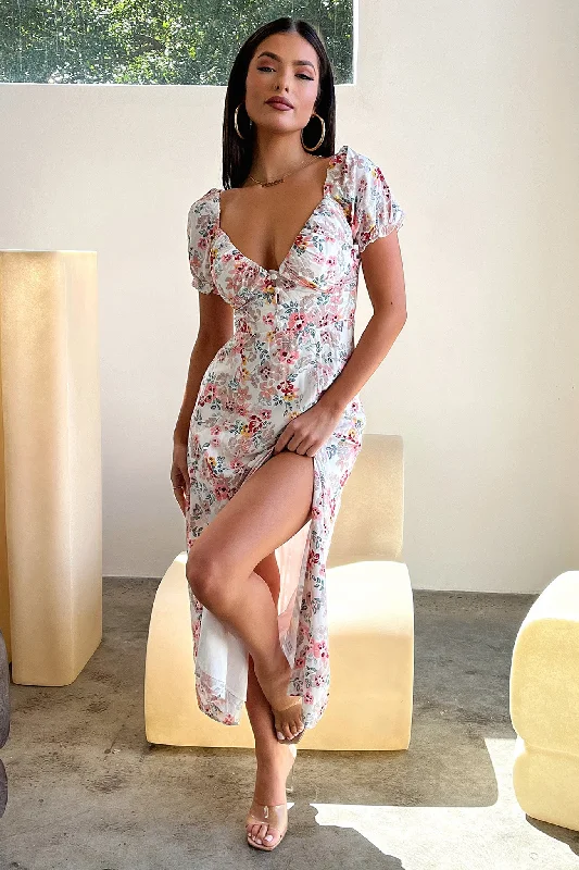 Elegant Design Solem Midi Dress - White / Pink Floral