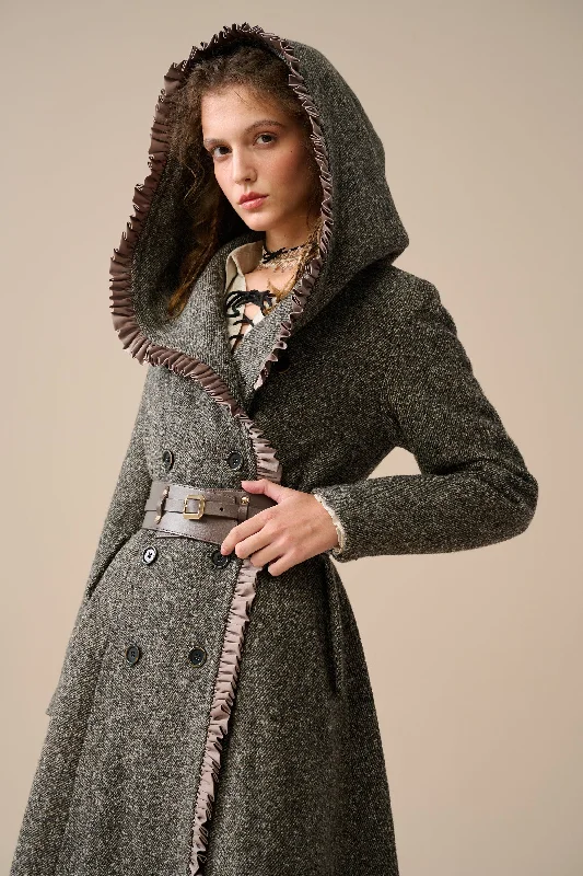 Floral Prints Kristin 19 | Double-breasted hooded wool coat