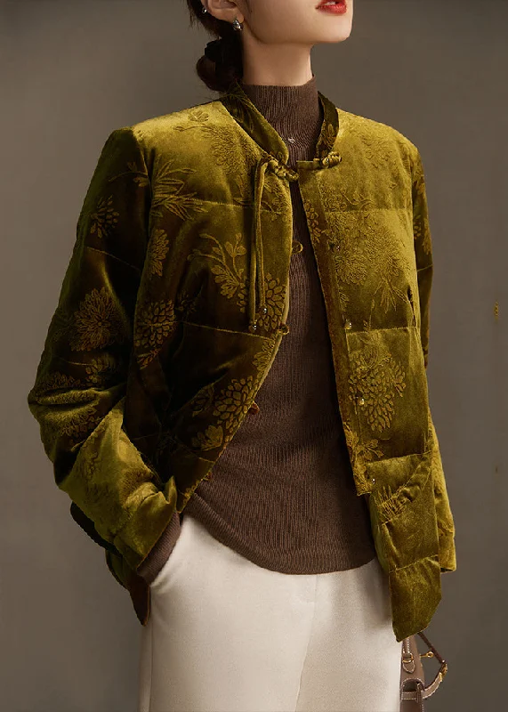 Retro Fashion Jacquard Button Patchwork Silk Velour Duck Down Coat Winter