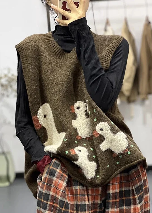 Urban Sense Jacquard Chocolate O-Neck Cozy Cotton Knit Waistcoat Sleeveless