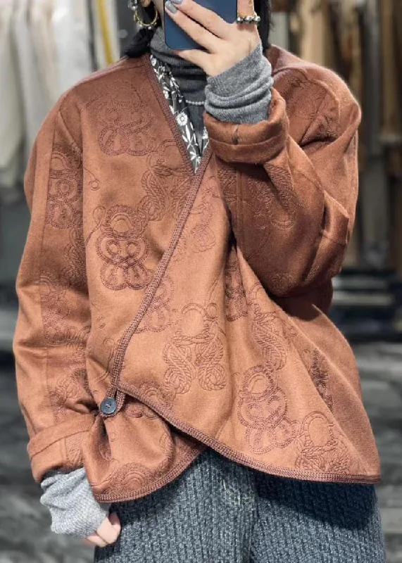 High-quality Styles Jacquard Coffee Asymmetrical Button Patchwork Cotton Coat Fall