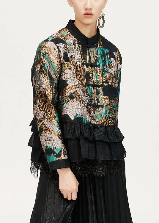 Eye-catching Personality Jacquard Coffee Ruffled Button Cotton Coat Long Sleeve