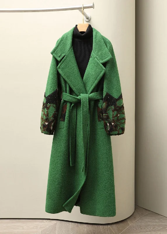 Modern Tailoring Jacquard Green Notched Tie Waist Woolen Long Coats Fall