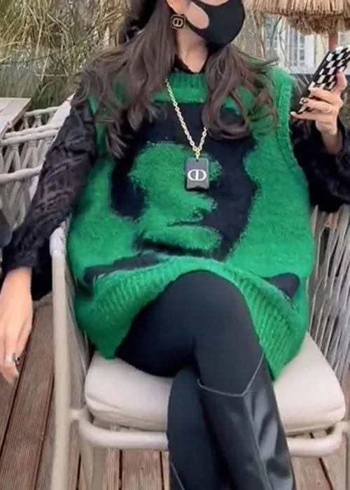 High Street Style Jacquard Green O Neck Cozy Knit Waistcoat Sleeveless