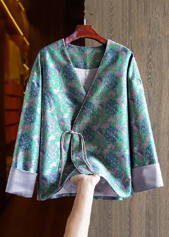 High Street Fashion Jacquard Green V Neck Chinese Button Patchwork Silk Coats Long Sleeve