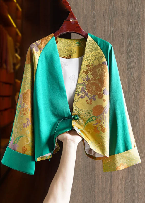 Printed Patterns Jacquard Green V Neck Patchwork Button Silk Coats Fall