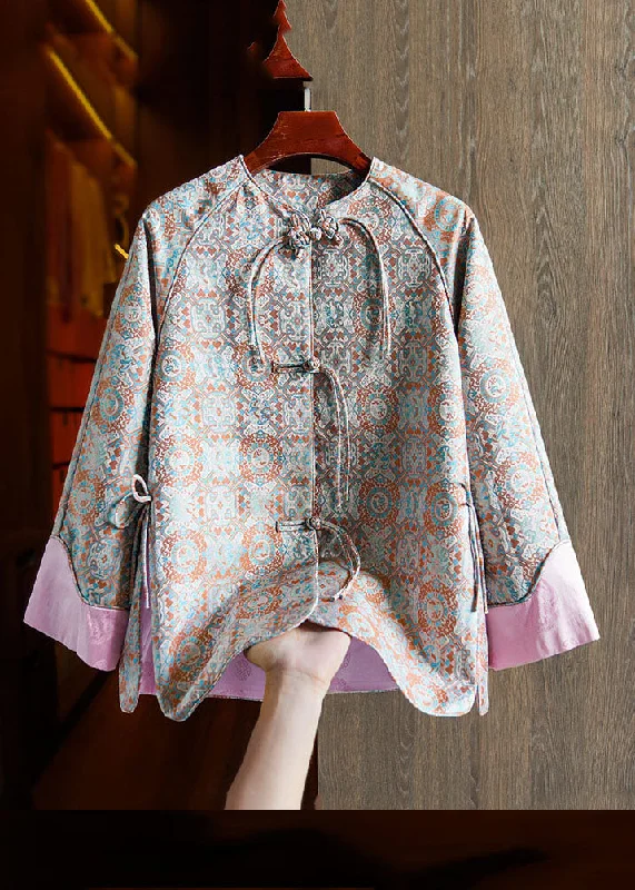 Integrated Design Jacquard Pink Patchwork Side Open Button Silk Coat Fall