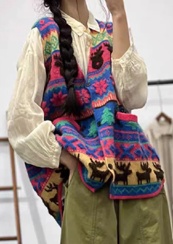 Sweet Style Jacquard Purple V Neck Pockets Cotton Knit Waistcoat Sleeveless