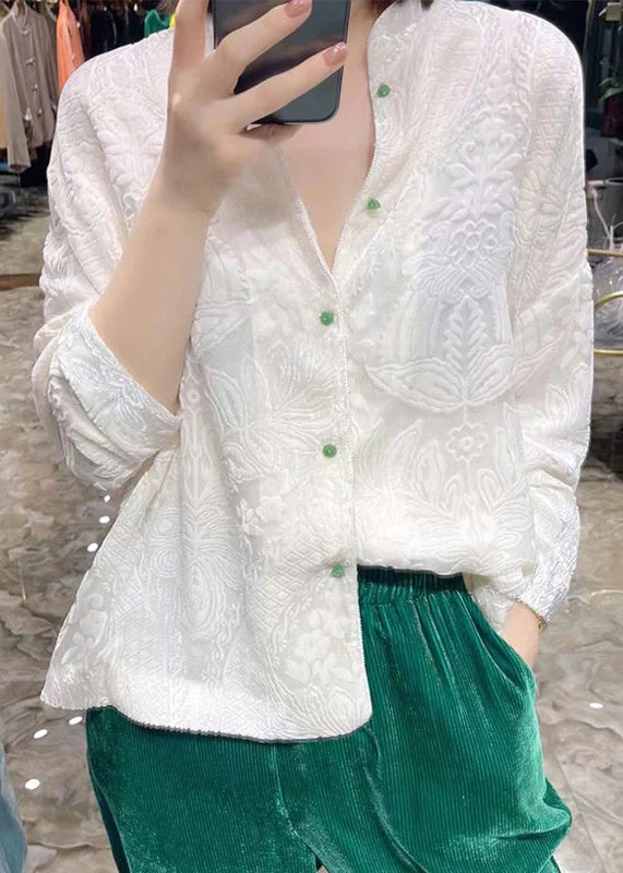 Luxury Style Jacquard White Stand Collar Button Silk Velour Coat Fall