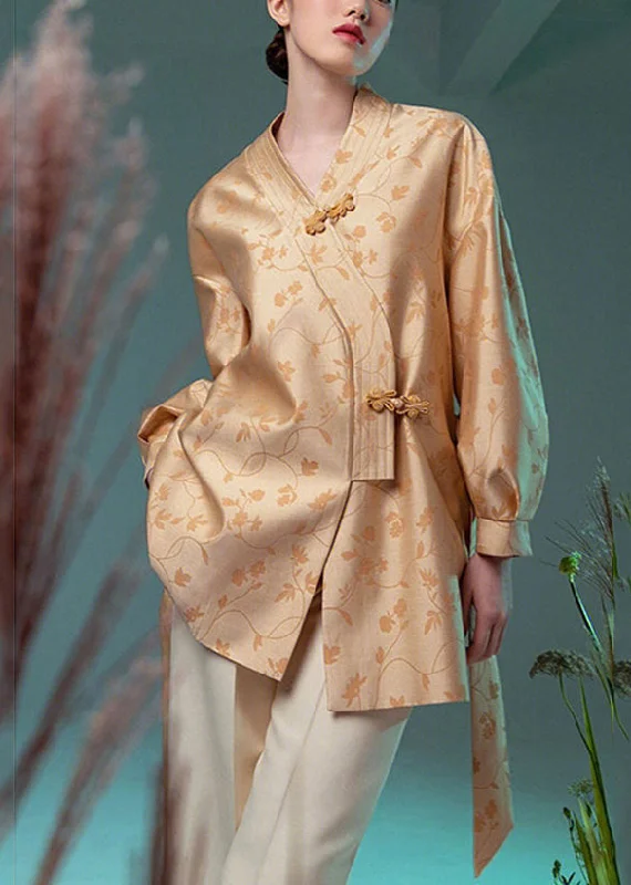 Minimalism Jacquard Yellow V Neck Chinese Button Silk Coat Long Sleeve