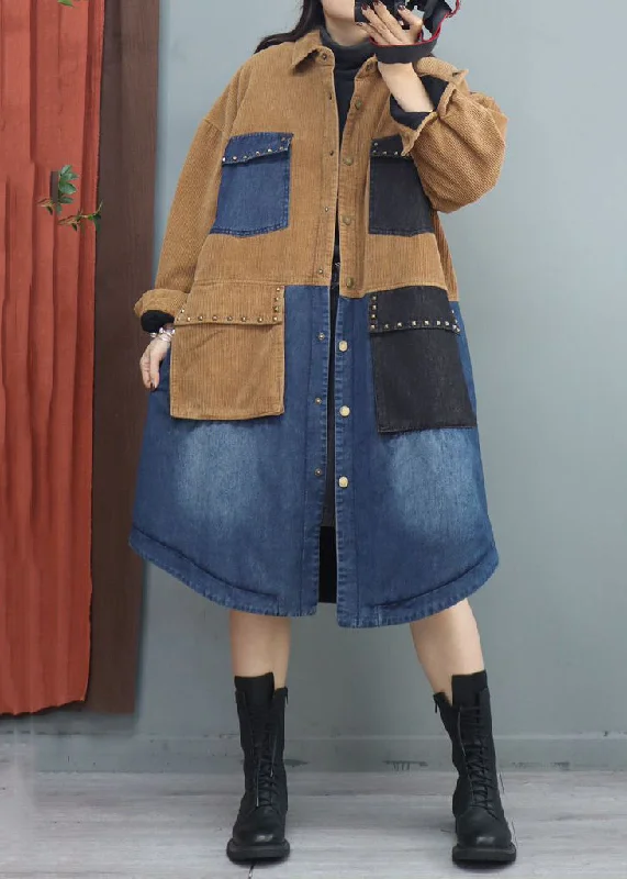 Classic Series Khaki Button Denim Patchwork Long Coats Rivet Long Sleeve