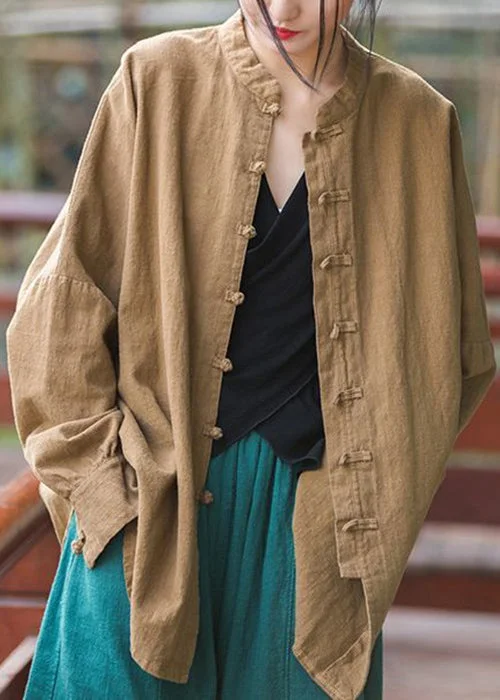 Spiritual Vitality Khaki Button Patchwork Cotton Coats Stand Collar Spring