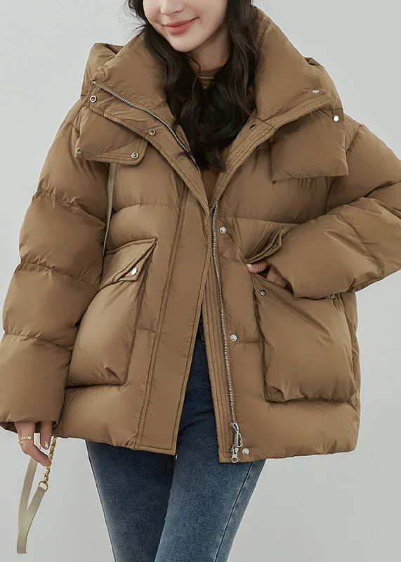 Elegant Series Khaki Button Patchwork Duck Down Coat Hooded Long Sleeve