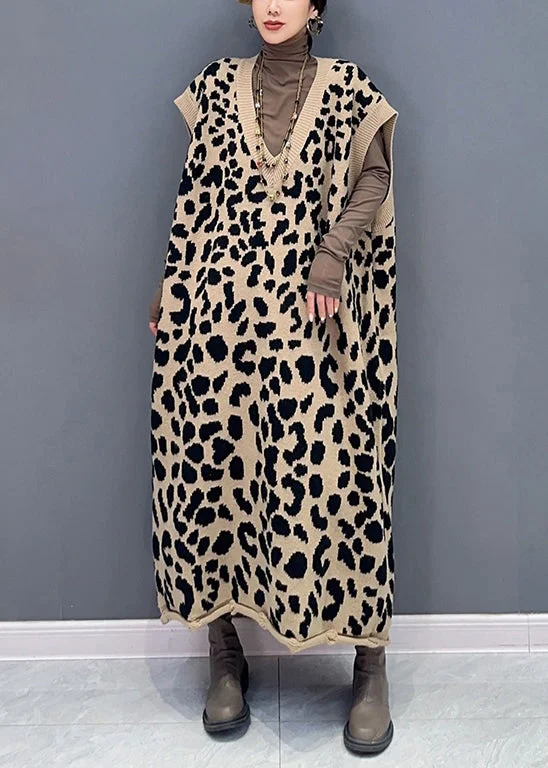 Classic Color Khaki Cozy Patchwork Cotton Knit Waistcoat Dress V Neck Sleeveless