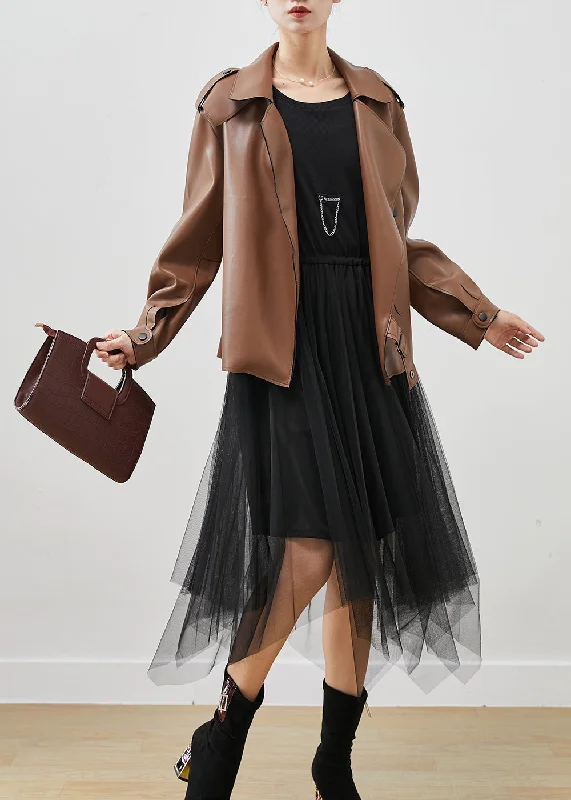 Classic Retro Khaki Faux Leather Coats And Tull Dress Two Piece Suit Set Oversized Spring