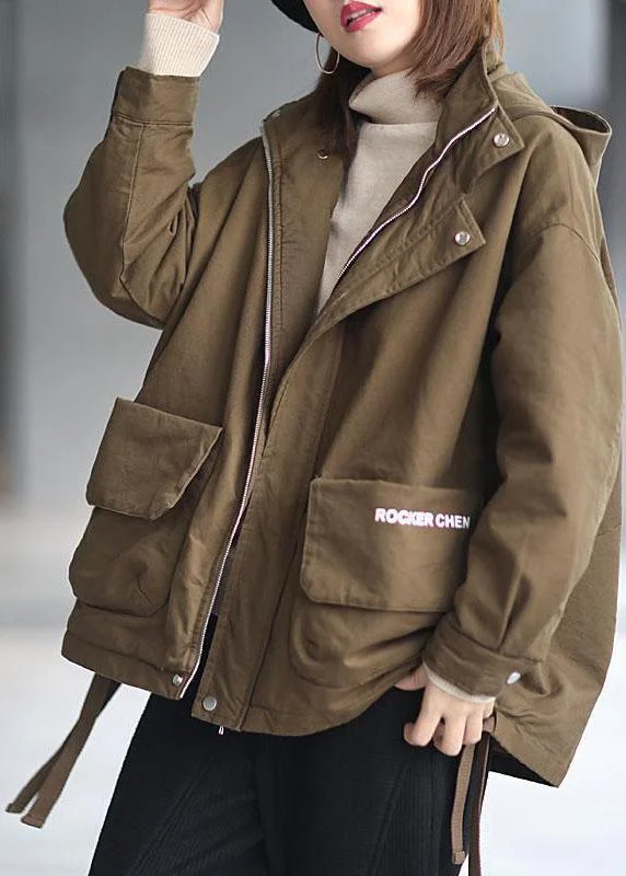 Cozy Pants Khaki Hooded Zippered Winter Cotton Long sleeve Coat