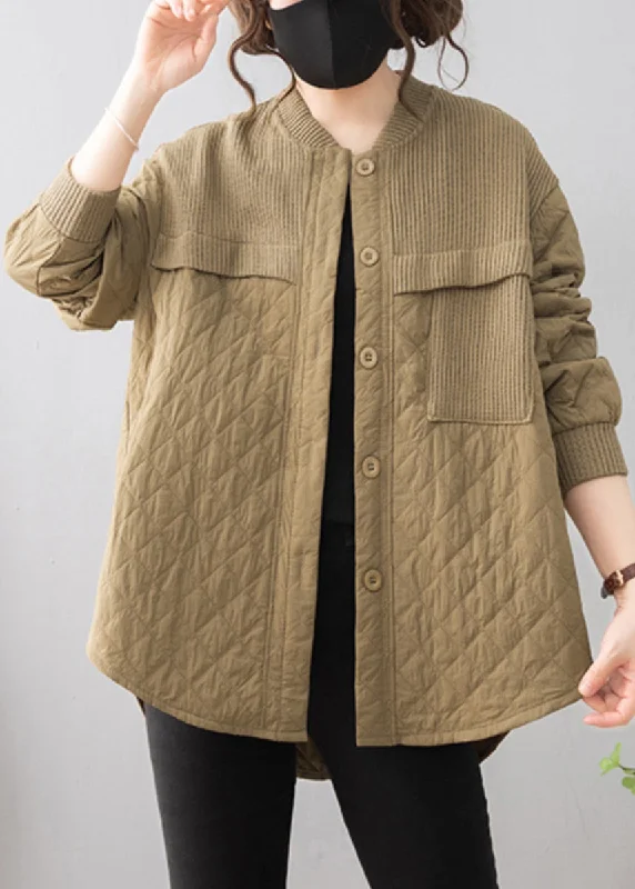 Artistic Temperament Khaki Low High Design Patchwork Thin Cotton Coat Stand Collar Winter