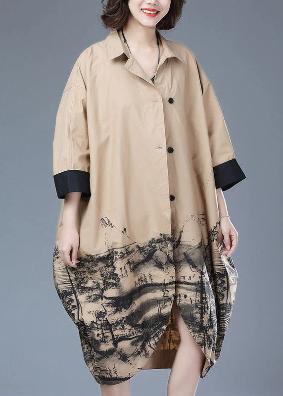 Casual Choice Khaki Patchwork Cotton Long Trench Coat Peter Pan Collar Print Button Bracelet Sleeve
