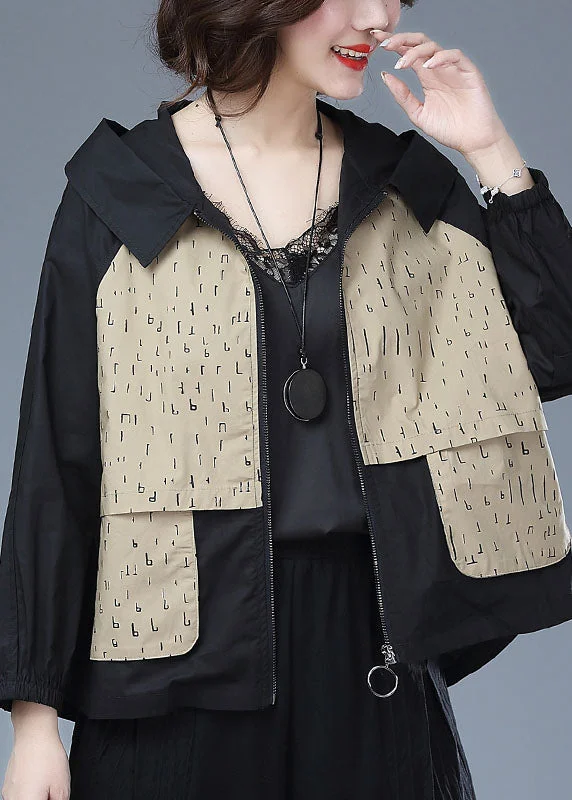 Exquisite Tailoring Khaki Patchwork Cotton Tops Coat Hooded Zippered Print Long Sleeve