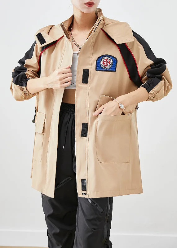 Personal Design Khaki Patchwork Spandex Jacket Oversized Hooded Fall