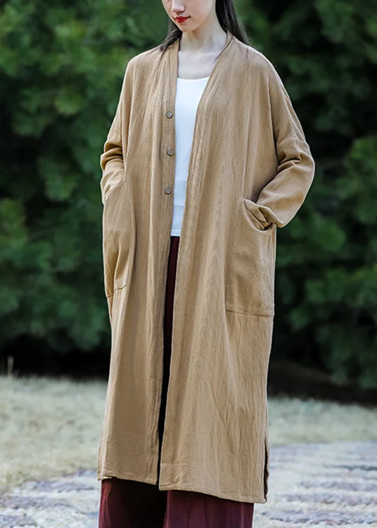 Body Design Khaki Side Open Patchwork Cotton Long Coat O Neck Long Sleeve