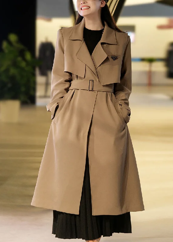 Versatile Wear Khaki Spandex Trench Coats Two Piece Set Women Clothing Double Breast Fall