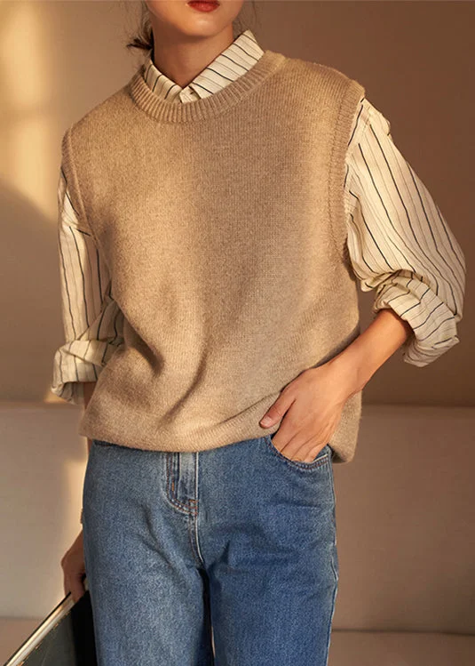 End Of The Year Light Camel Patchwork Cozy Knit Waistcoat O Neck Fall