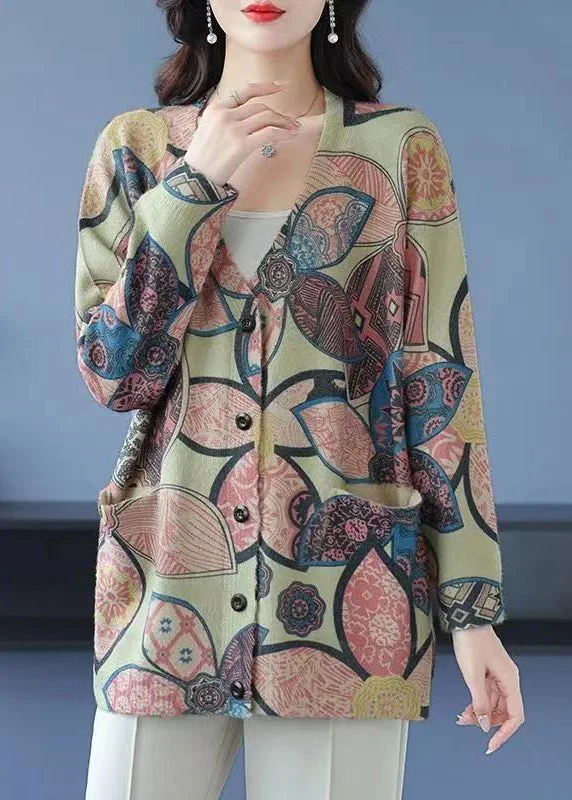 New Season Series Light Green Print Patchwork Mink Hair Knitted Coats V Neck Long Sleeve