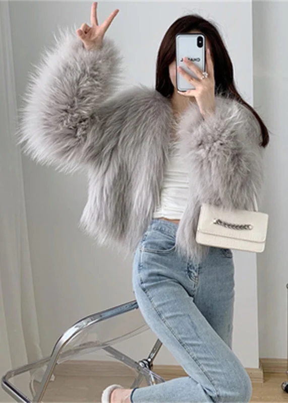 Celebrity Style Light Grey Patchwork Faux Fur Coat V Neck Winter