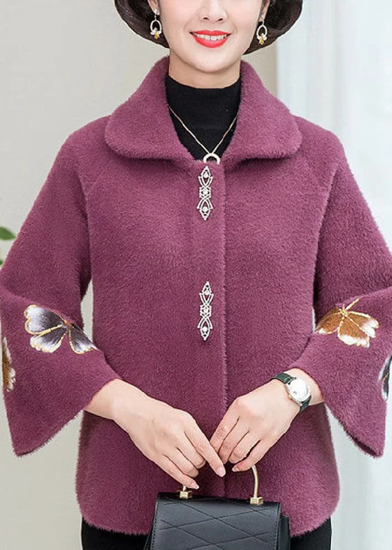 Simple Style Light Purple Mink Hair Knitted Jackets Square Collar Embroideried Winter