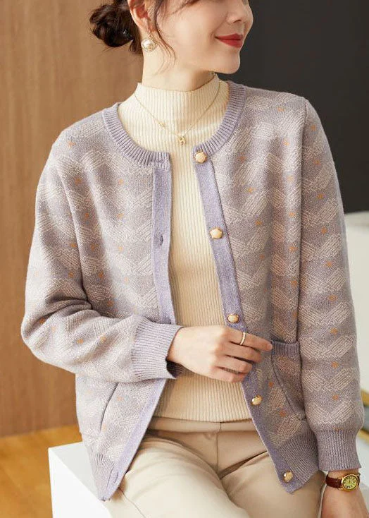 Comfort Fit Light Purple Print Woolen Loose Coat Outwear Pearl Button Fall