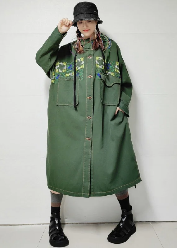 Elegant And Simple Loose Army Green Hooded Pockets Denim Long Trench Coat Fall