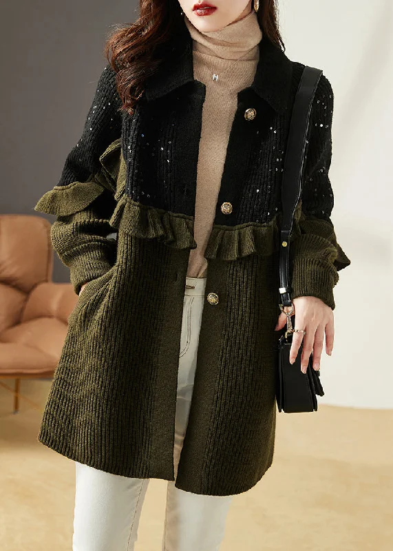 Warm Comfort Loose Army Green Ruffled Sequins Patchwork Knit Coats Fall