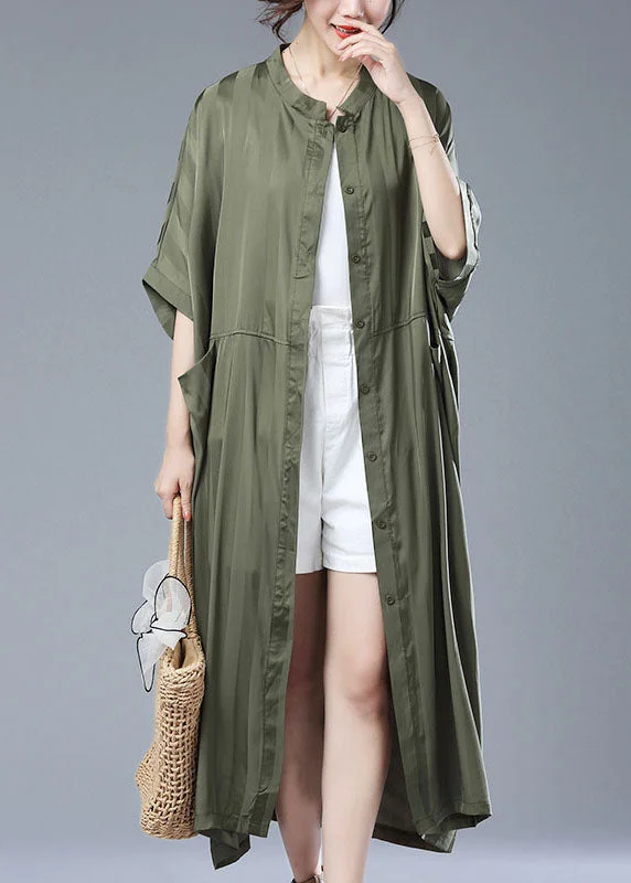 Fashionable And Versatile Loose Army Green Striped Pockets Patchwork Long Trench Coat Summer Fashionable And Versatile Loose Army Green Striped Pockets Patchwork Long Trench Coat Summer