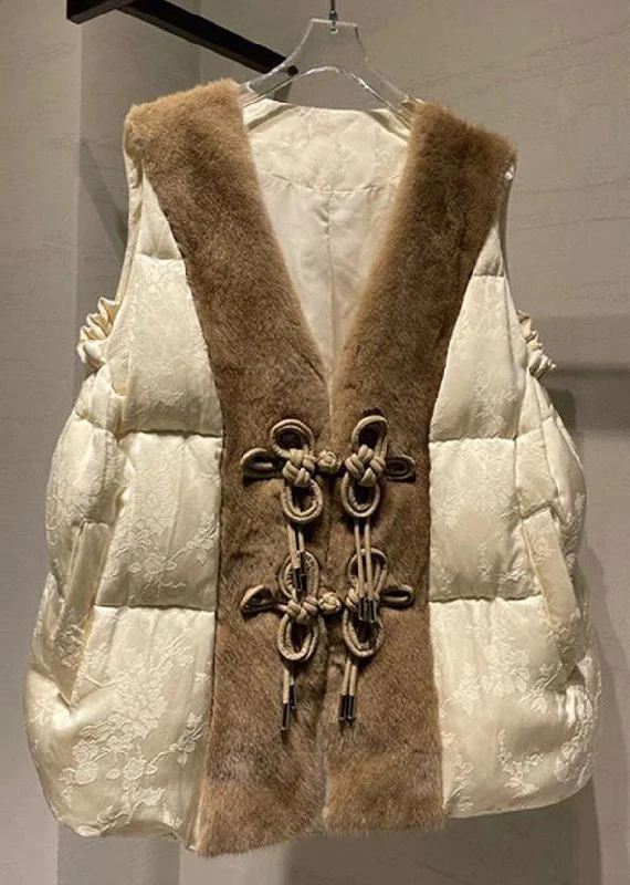 Soft Layers Loose Beige Button Mink Hair Patchwork Duck Down Waistcoat Sleeveless