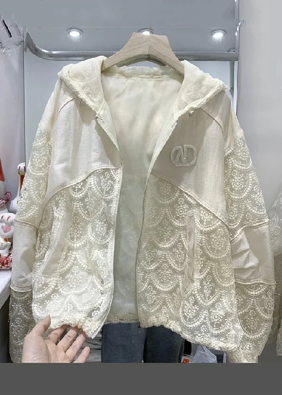 Refreshing Design Loose Beige Hooded Zippered Patchwork Lace Coats Long Sleeve
