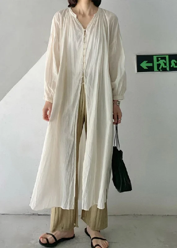 Comfortable And Casual Loose Beige O-Neck Button Long UPF 50+ Coat Long Sleeve