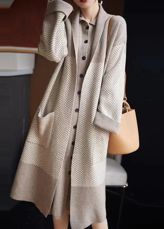 Cozy Look Loose Beige V Neck Pockets Patchwork Loose Long Coat Fall