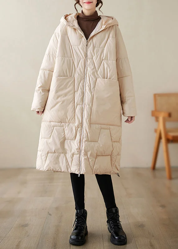 Cozy Shirts Loose Beige Zippered Hooded Fine Cotton Filled Coats Winter