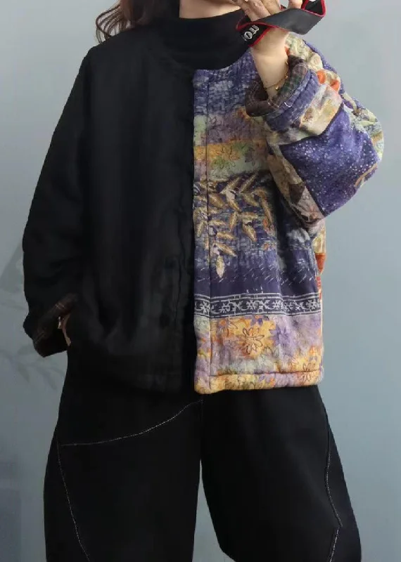 Casual Chic Outfits Loose Black Asymmetrical Print Patchwork Cotton Coats Fall